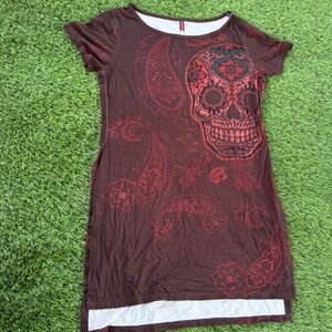 New Unidos por Mexico Red Skull Shirt Paisley Print Black Rhinestones Women's LG
